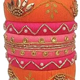 Thread Bangles Set, Pink and Orange, Pearl and Gold Embellished, 10 Pieces-picture-24
