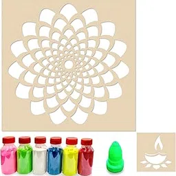 GFTBX Wood Floral Diya Rangoli Tools Kit (Set of 2 Stencil, 6 Colors Bottles, 1 Nozzle)-picture-18
