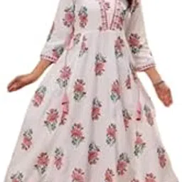 Women's Floral Print Rayon Midi Dress, White with Pink Roses, Square Neck, 3/4 Sleeves-image-3