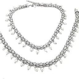 Designer Dropping Pearl One String Round American Diamond Silver Plated Anklet for Women & Girls (317-022_AR)-image-15