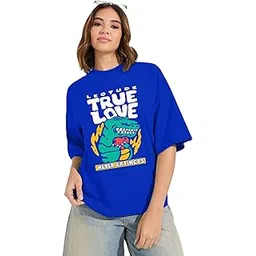 leotude Women's Cottonblend Animal Printed Oversized Half Sleeve T-Shirt (Color Blue)-picture-34