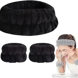 Happy Piglet 3-Piece Elastic Fleece Spa Headband and Wristband Set for Face Washing, Makeup, Yoga, and Fitness for womens and Girls (Black)-picture-41