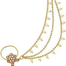 cz stone Gold Plated Nose Pin with Cubic Zirconia Stones and Multi-Layered Pearl Chain-picture-17