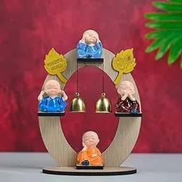 HindCraft Resin Buddha Monk Figurine Set – 4 Mini Monks on Wooden Stand with Bells | Baby Buddha for Spiritual Home or Office Decor | Ideal Gift & Decor image 1