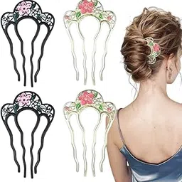 MAYCREATE® 4 PACK Flowers Twist Hair Pins,4 Prong Flowers U Shaped Hair Side Combs,Vintage Fork Clips for Party Holiday Daily-Multicolor-image-74