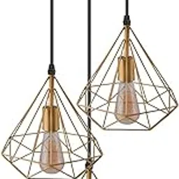 JACKAL® 3 Set Gold Diamond Cluster Pendant Light | Hanging Ceiling Light with Braided Cord | Decorative Fancy Lights for Home, Living Room, café, Restaurants & Bar (Gold) (Without Bulb) image 1