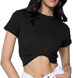 the souled store Ribbed T-Shirt: Black Women and Girls Short Sleeves Round Neck Polyester Blend Regular Fit T-Shirts-picture-21