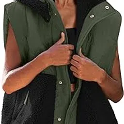 nirovien Womens Oversized Quilted Vest Color Block Fleece Vest Button Down Padded Outwear Removeable Hooded with Pockets-picture-18