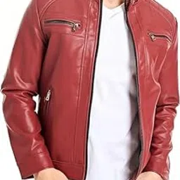 ORVIX Men’s Stand Collar Leather Jacket Casual Leather Motorcycle Jacket Outerwear Coat with Zipper Pockets RED-picture-45