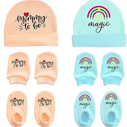 YATHUSHAN Newborn Baby Cap, Mittens & Booties Set | Ultra Soft Cotton Infant Accessories | “Mommy to Be” & “Make Your Own Magic” Designs | Unisex Baby Shower Gift | 0–6 Months-image-99
