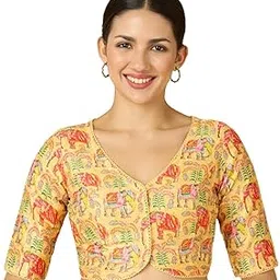 studio shringaar Women's Yellow Elephant Print & Embroidered Readymade Saree Blouse-picture-18