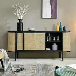 TGF Furniture Store Modern Sideboard Cabinet – Black Wood Frame with Rattan Cane Panels, Stylish Storage & Display Unit for Living Room, Dining Room, or Hallway-picture-16
