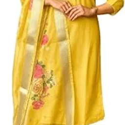 Women's Silk Blend Embroidered Kurta Pant Set with Organza Dupatta, Purple, 3-Piece Traditional Ethnic Suit (IN, Alpha, S, Regular, Yellow) image 1