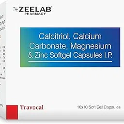 Zeelab Travocal Calcium Supplement (10 Softgel Capsule) | Calcitriol (0.25 mcg) + Calcium Carbonate (500 mg) + Zinc (7.5 mg) + Magnesium (50 mg) | Men and Women image 1