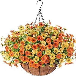 Ekhasa Nostrae Artificial Faux Hanging Plants Flowers Basket for Summer Outdoor Outside Decoration, Fake Silk UV Sun Resistant Look Real Colorful Daisy Eucalyptus for Porch Home Patio Balcony Yard-picture-20