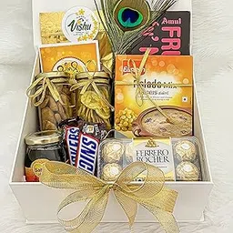 Angroos Vishu gift box with Palada mix | Hershey’s kisses | Banana chips with bottle | Jaggery banana chips | Ferrero Rocher 16 pieces | Snickers | Amul fruit ’n’ nut chocolate and Greeting card-image-62