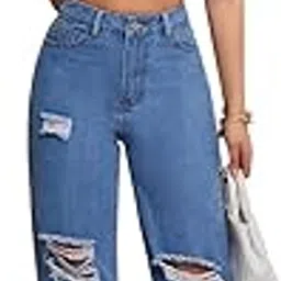 kotty Women's High Rise Cotton Blend Distressed Straight Fit Trendy Ripped Denim Jeans-picture-19