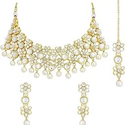 peora Kundan & Beads Studded Necklace Earrings Maangtikka Set Ethnic Jewellery for Women-picture-19
