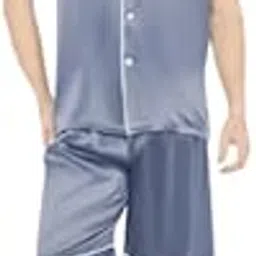 Men Light Blue Half Sleeve with Shorts Night Suit & Contrast Piping-image-40