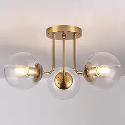 Chandni Décor 3-Light Semi Flush Mount Ceiling Light Globe Lights Mid Century Ceiling Light with Clear Glass Globe & Brushed Brass for Bedroom Hallway…-picture-16