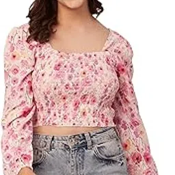 moomaya Women's Printed Square Neck Crop Top, Long Sleeves Smocked Summer Top-picture-59