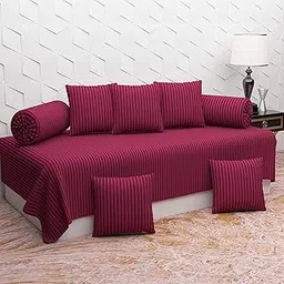VOMZER Glace Cotton Solid & Striped 8 Pieces Diwan Set with Single bedsheet, 5 Cushions Covers and 2 Bolster Covers (Wine Stripe)-picture-19