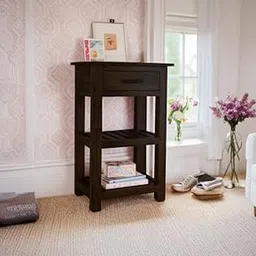 Wooden End Table for Living Room | Accent Sofa Side Corner Table with Drawer & 2 Shelves | Handicrafted Telephonic Tables, Vasetable for Home Decor | Sheesham Wood, Walnut Finish-picture-10