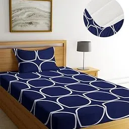 NEW LEAF Premium Cotton Elastic Fitted Bedsheets with 1 Pillow Covers | Single Mattress Bed with All Around Elastic 220 TC Supersoft | Size - 72 x 36 +6 inches | Blue Striped-picture-20