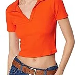 Women Polo Neck Short Sleeves Stretchable Ribbed Top-image-15