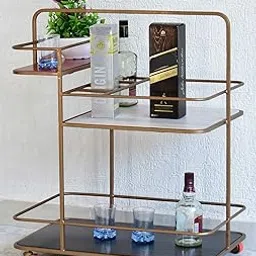 Solid Wood Nora Multipurpose Bar Trolley with Wheels with Three Shelves in Red, White and Black Finish and Iron Frame in Golden Finish-picture-17