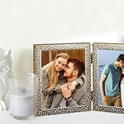 KDM HOME DECOR Joint couple photo frame 5x7 Inch synthetic wood flexiglass (acrylic) folding table stand frames (2 Photo accommodation 5x7 inch) golden-white color-image-20