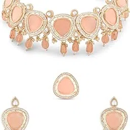 zaveri pearls Peach Stones Beads Austrian Diamonds Kundan Necklace Earring & Ring Set For Women-ZPFK18674-picture-66