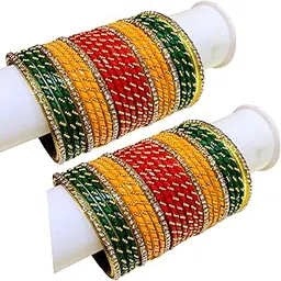 Glass Bangles Set for Women Bridal Chura Style Red Green Yellow Bangles with Stone Work Size 2.4 2.6 2.8-picture-35