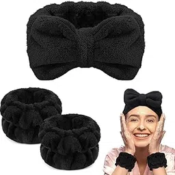 MAYCREATE Women 3 Pcs Facial Spa Headband Wristband Combo Set, Elastic Microfiber Face Wash Hairband Wrist Wash Bands For Face Washing, Makeup, Yoga, Fitness (B - Black)-picture-33