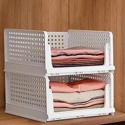 Story@Home Set of 2 Wardrobe Organiser |Large Cloth Stacker | Foldable Shirt Storage Stacker for Wardrobe | Plastic Stackable Closet Organizer | White-picture-16