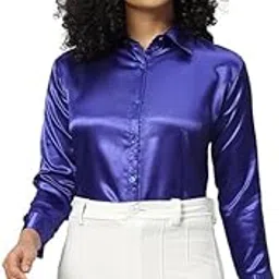 funday fashion Women Solid Formal Satin Regular Fit Shirt (in, Alpha, L, Regular, Royal Blue)-picture-16