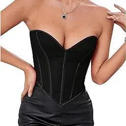 gorglitter Women's Strapless Sweetheart Neck Bustier Corset Top Lace Up Back Party Crop Top-picture-47