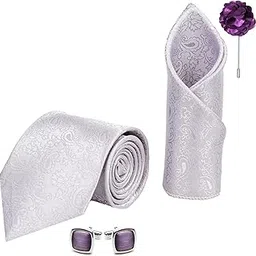 rizoro Tie for Men – Paisley Silk Neck Ties Set with Cufflinks Flower Pin, Pocket Square & Black Gift Box, Combo Necktie Sets for Office Wear, Formal Suits & Weddings (Silver, JCSLRX)-picture-24