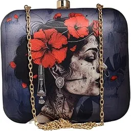 Portrait of Indian Women Printed Clutch Bag For Women | Wedding Clutch Purse With Detachable Chain Sling Strap-image-63