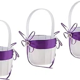 Merishopp 3pcs Satin Wedding Flower Girl Basket Double Heart Rhinestone Decor Purple-image-23