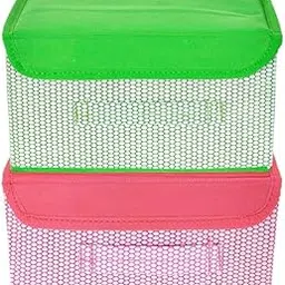 Drawer Storage Box | Foldable Dhakkan Storage Box | Non-Woven Clothes Organizer For Toys | Storage Box with Handle | Small | Green & Pink (2)-image-1