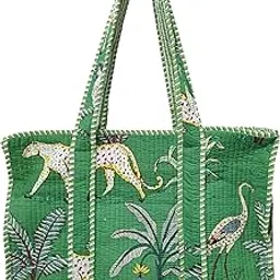 doraya Cotton Printed Tote Bag,Hand Bag Multicolor Quilted Hand Block Floral Printed Women's Carry Bag Shoulder Shopping Tote Bags 18x5.5x16 Inch-picture-12