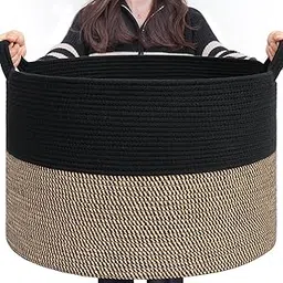 vihs Cotton Basket,Laundry Handcrafted Woven Storage Planter Basket for Home Decor, Multi-Purpose Bag with Handle for Living Room Bathroom Laundry & Toys (13.8 x 21.7 Inches, (Multi Beige&Black)-picture-24