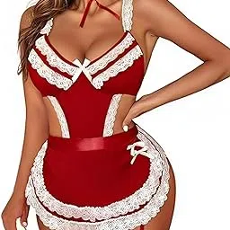klovvy Women's Lace Lingerie Set Red Babydoll Apron Style Nightwear with Garter Belt & Stockings – Valentine & Honeymoon Outfit-picture-30