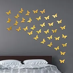 Rousrie Butterfly Mirror Wall Sticker, Golden Glass Stickers for Wall Mosaic Decoration, Acrylic Home décor Wallpaper, for Living Room, Bedroom Decorative Purpose | Set of 30 (Golden)-picture-24