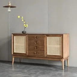 TGF Furniture Store Mid-Century Modern Wooden Sideboard Cabinet – Walnut Finish with Cane Doors – 4 Drawers – Living Room Storage Console-image-63
