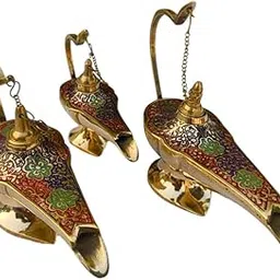 Traditional Brass Aladdin Lamp Decorative Multicolour Floral Design Antique with Chain, Set of 3 (Large 16x12cm, M-13.5x9cm & S-11x8.5cm) with Premium Velvet Box-image-34