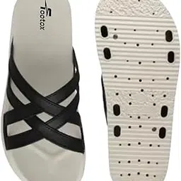 Women's Cross-Strap Platform Sandals, Black with White Sole, Casual Comfort Slides, PVC Material-picture-17