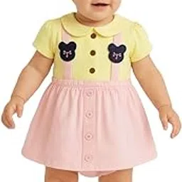 Baby Girls' Two-Piece Dress Set, Yellow and Pink Peter Pan Collar Frock with Bunny Appliques, Cotton Casual Wear with Bloomers-image-3