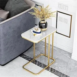 TrendAtoZ Metal Coffee Table/Side Table/Sofa Tea Table/Bedside Table/Snackes Table/End Table with Glossy Marble Look for Living Room/Bedroom/Balcony (Gold White)-image-40